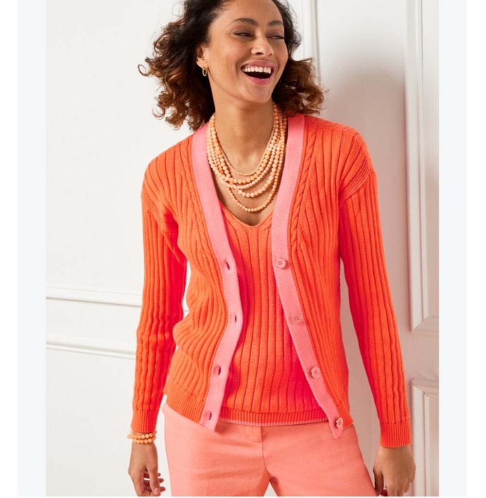 Talbots Ribbed Tipped Cardigan Sweater M Orange Pink Cotton NWT $89.50